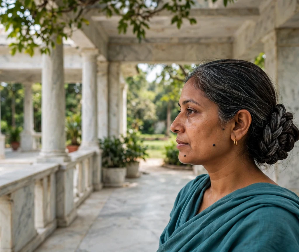 South Asian woman in her 40s with dark brown silver-streaked hair in an intertwined coil low chignon, teal draped outfit