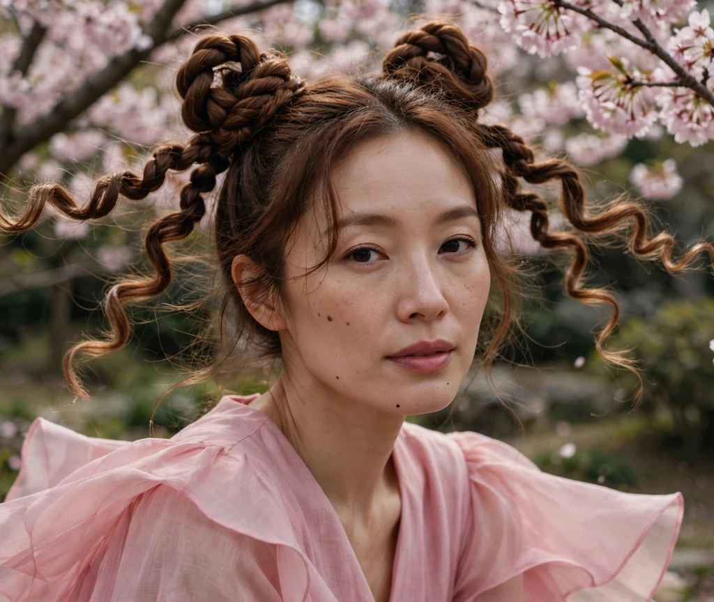 East Asian woman with chestnut brown hair in snake-twist double buns with coiled ends, soft pink flowing dress