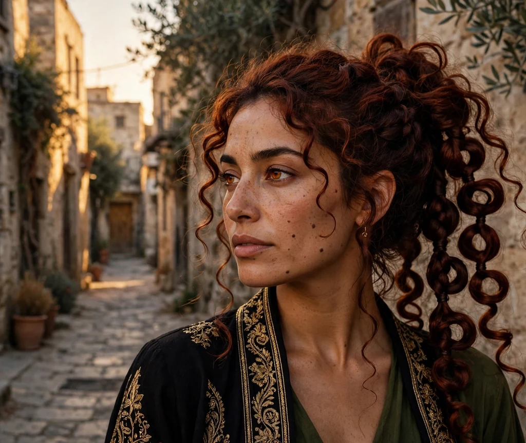 Middle Eastern woman with dark auburn curls in a coiled braid ponytail cascade, gold-embroidered black coat