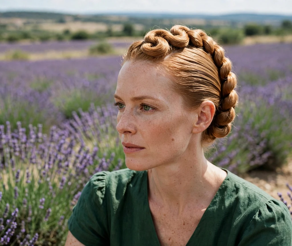 Woman with strawberry blonde hair in a regal coil fauxhawk braid, forest green dress in a lavender field
