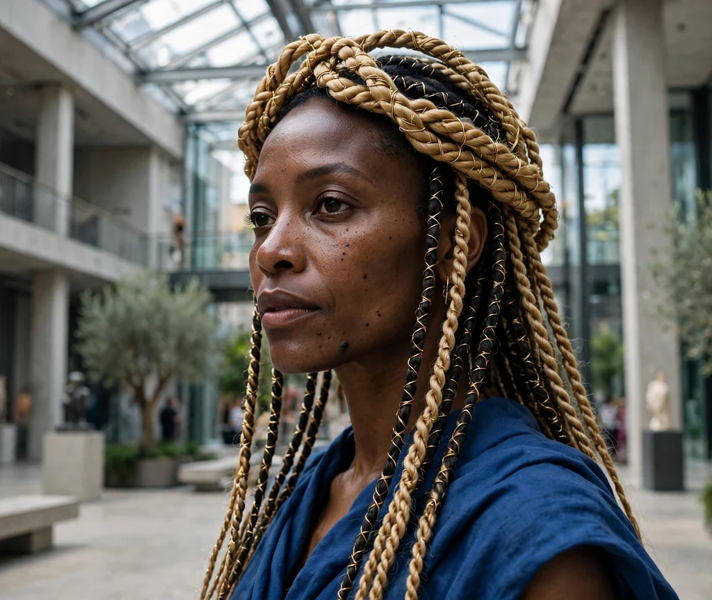 Black woman with long goddess locs in a golden serpent rope braid crown, cobalt blue dress in a museum atrium