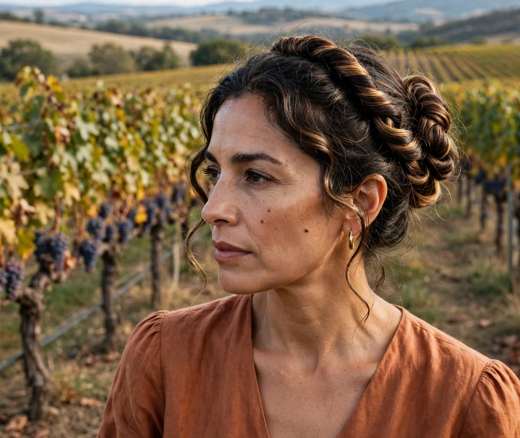 Latina woman in her 40s with highlighted dark brown hair in a twisted coil ballerina bun, terracotta dress in a vineyard