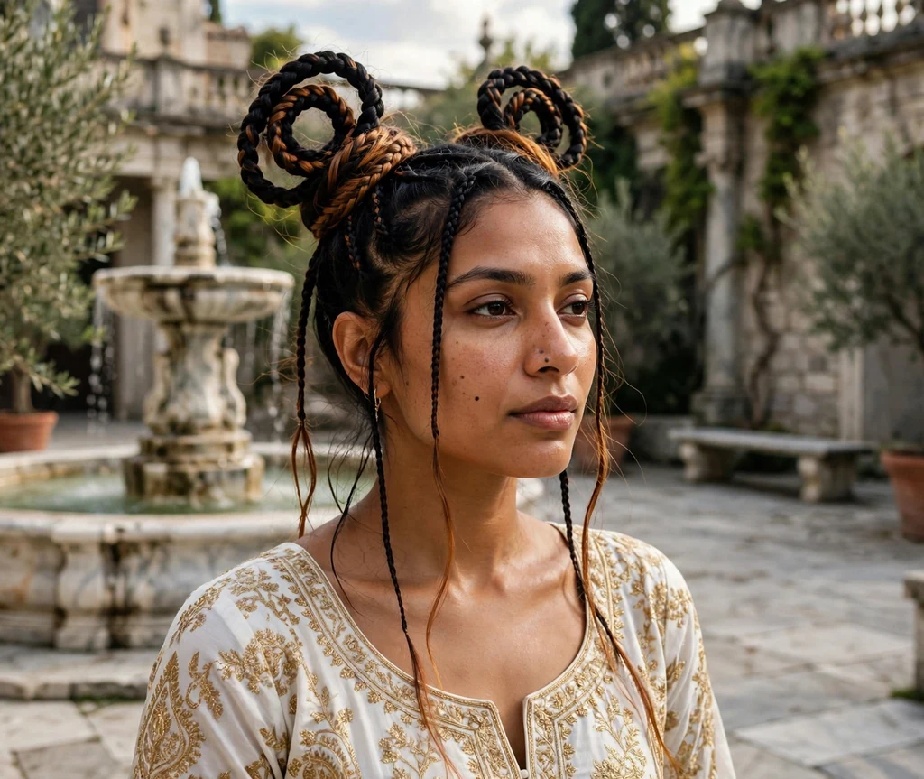 South Asian woman with black copper-balayage hair in medusa-inspired space buns with coiled loops, white and gold anarkali