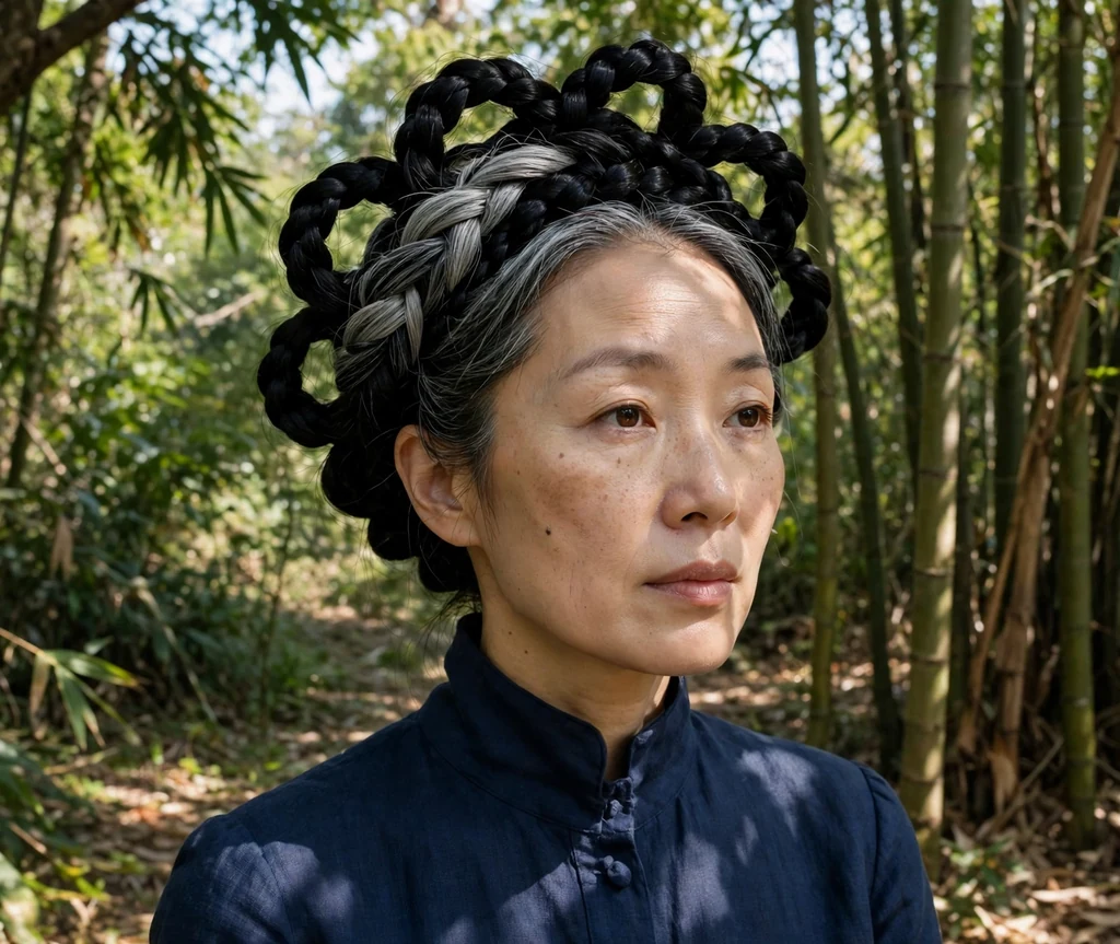 East Asian woman in her 40s with black silver-streaked hair in a sculptural braid crown, navy high-collar dress in a bamboo grove