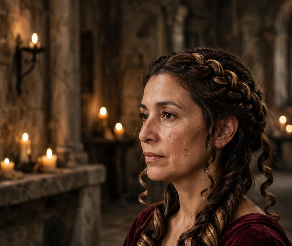 Middle Eastern woman in her 40s with highlighted dark brown hair in a coiled twist waterfall braid, burgundy gown