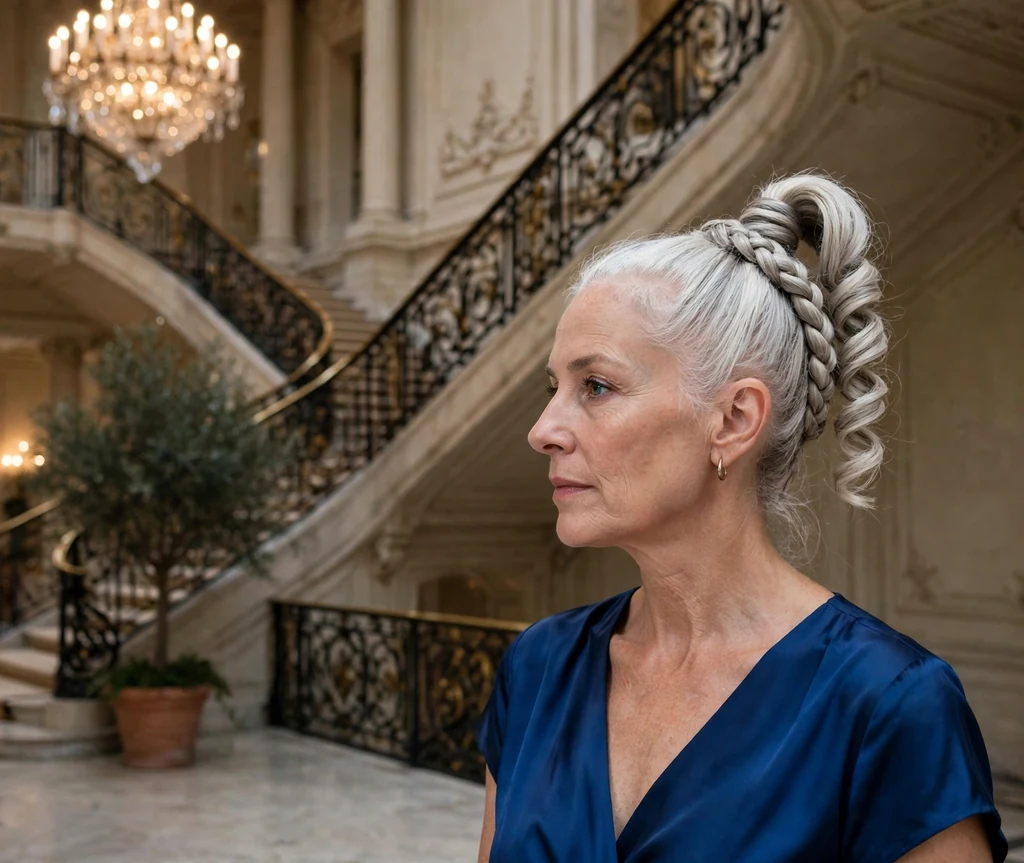Woman in her 50s with silver white hair in a high coil ponytail with a braid wrap, sapphire blue dress on a grand staircase