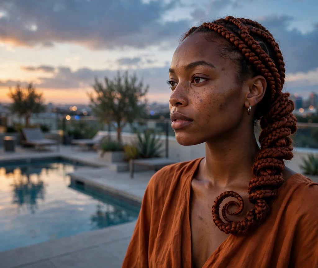 Black woman with red-brown box braids in a serpent coil side braid over one shoulder, burnt orange dress