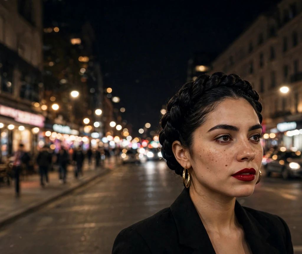 Latina woman with sleek jet black hair in a twisted rope crown braid, black blazer with gold hoops on a city street at night