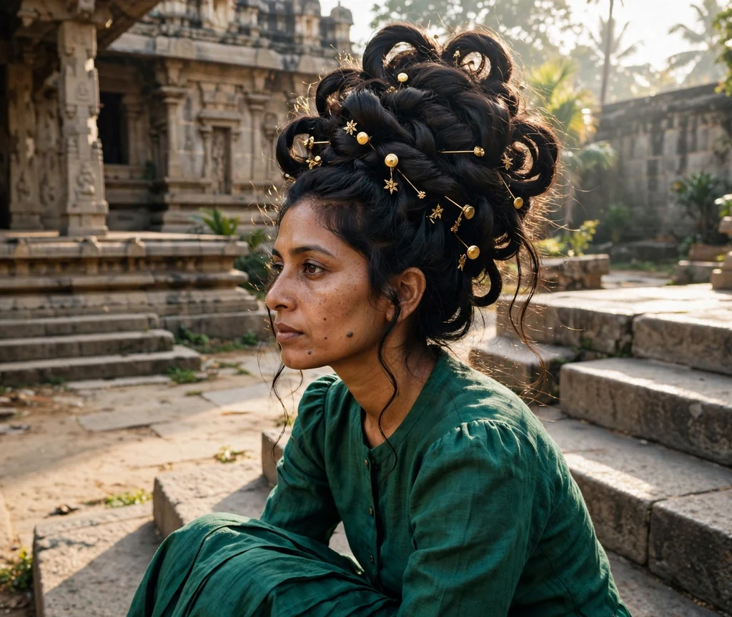 South Asian woman with long dark wavy hair in a dramatic piled coil updo with gold pins, emerald outfit on temple steps