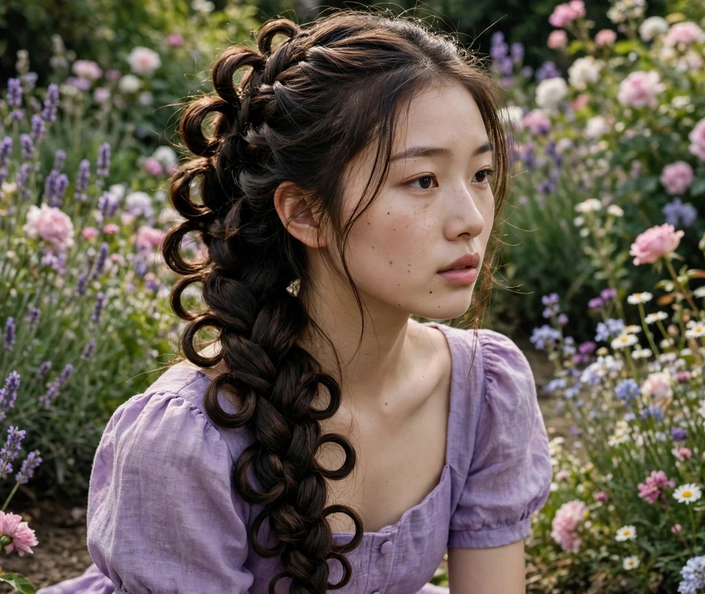 East Asian woman with long dark brown hair in a medusa fishtail twist braid with coiled loops, lavender dress in a flower garden