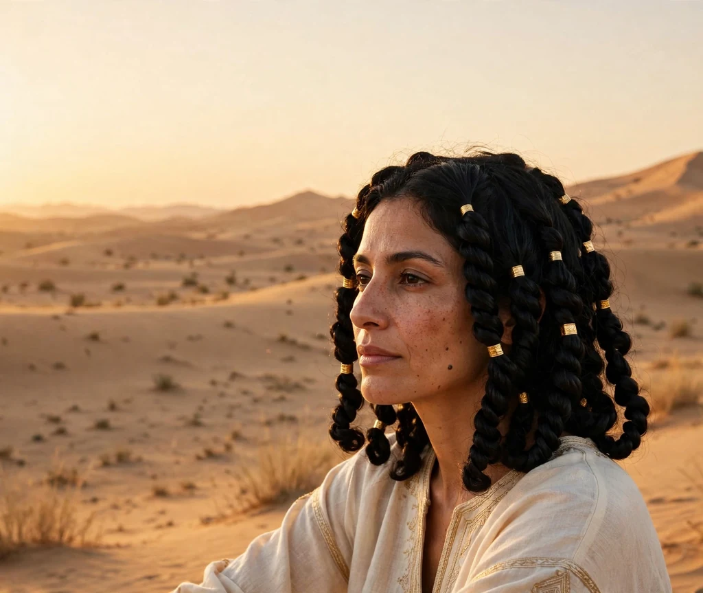 Middle Eastern woman with thick black curls with gold cuffs in a gilded twisted coil lob, cream kaftan in desert dunes