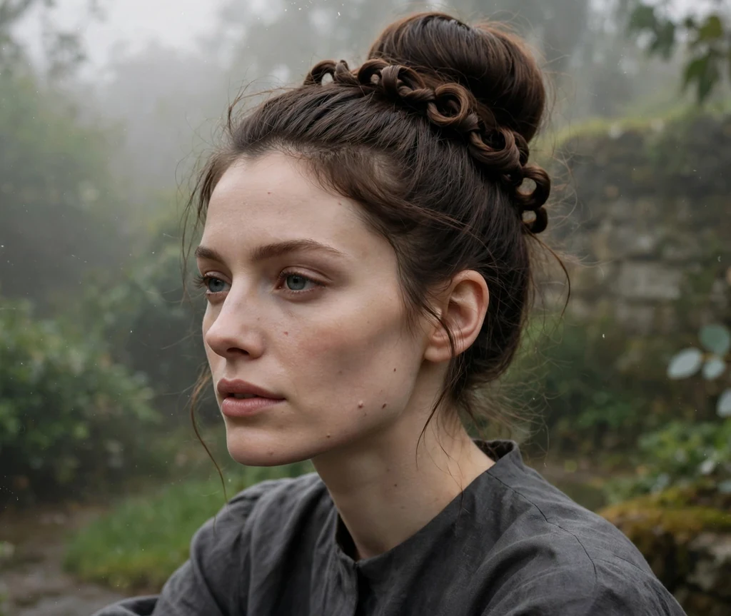 Woman with dark chocolate brown hair in a coil accent high bun with braided serpent details, charcoal grey dress in a misty garden