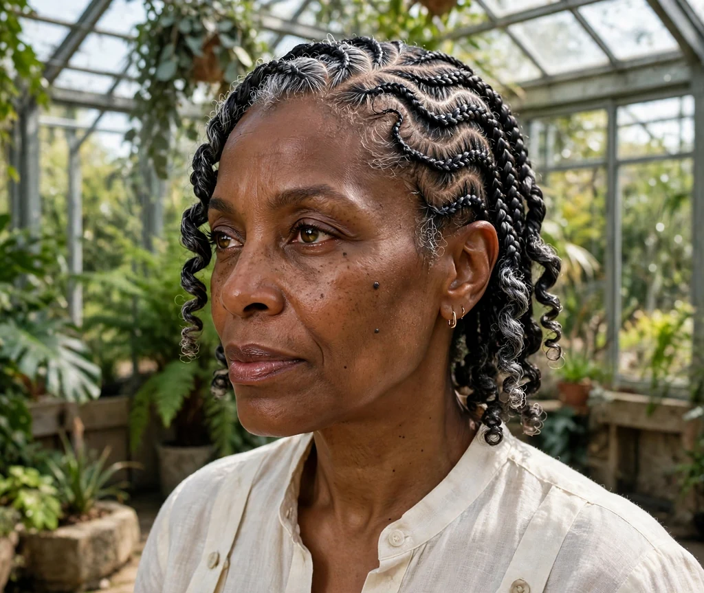 Black woman in her 50s with silver-streaked black twists in serpentine cornrow coil rows, ivory dress in a conservatory