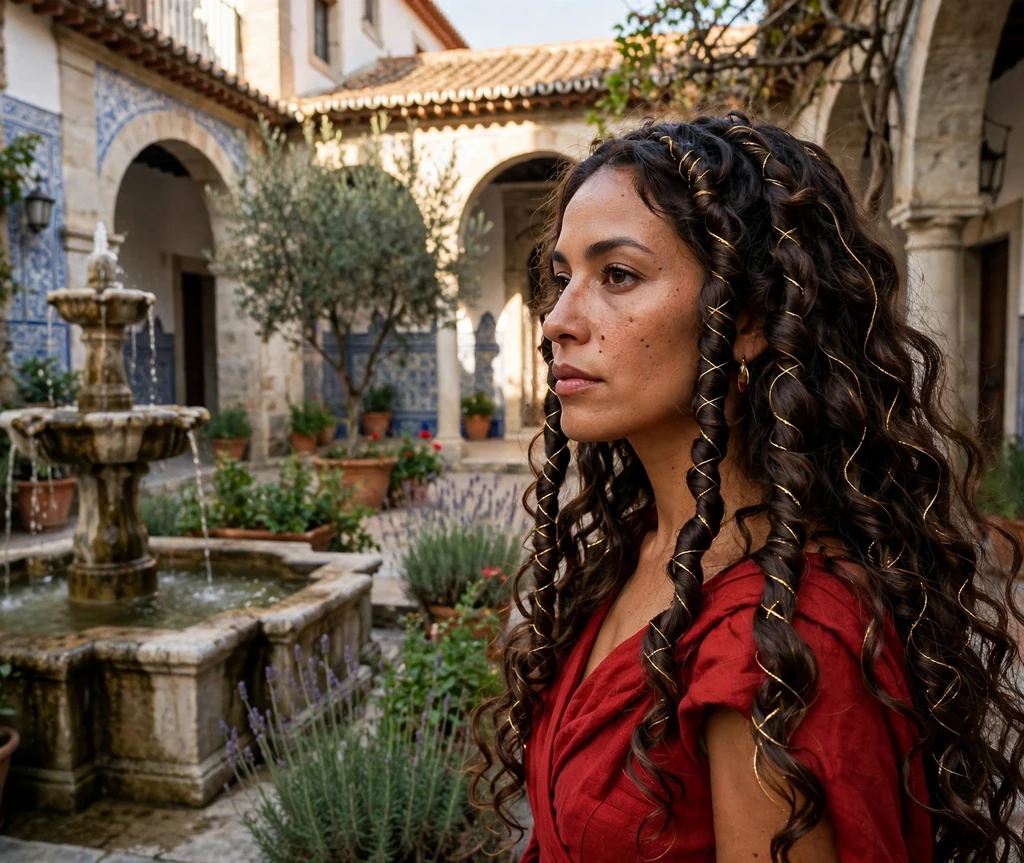 Latina woman with long dark brown curls with gold thread in twisted coil mermaid waves, scarlet dress in a Spanish courtyard