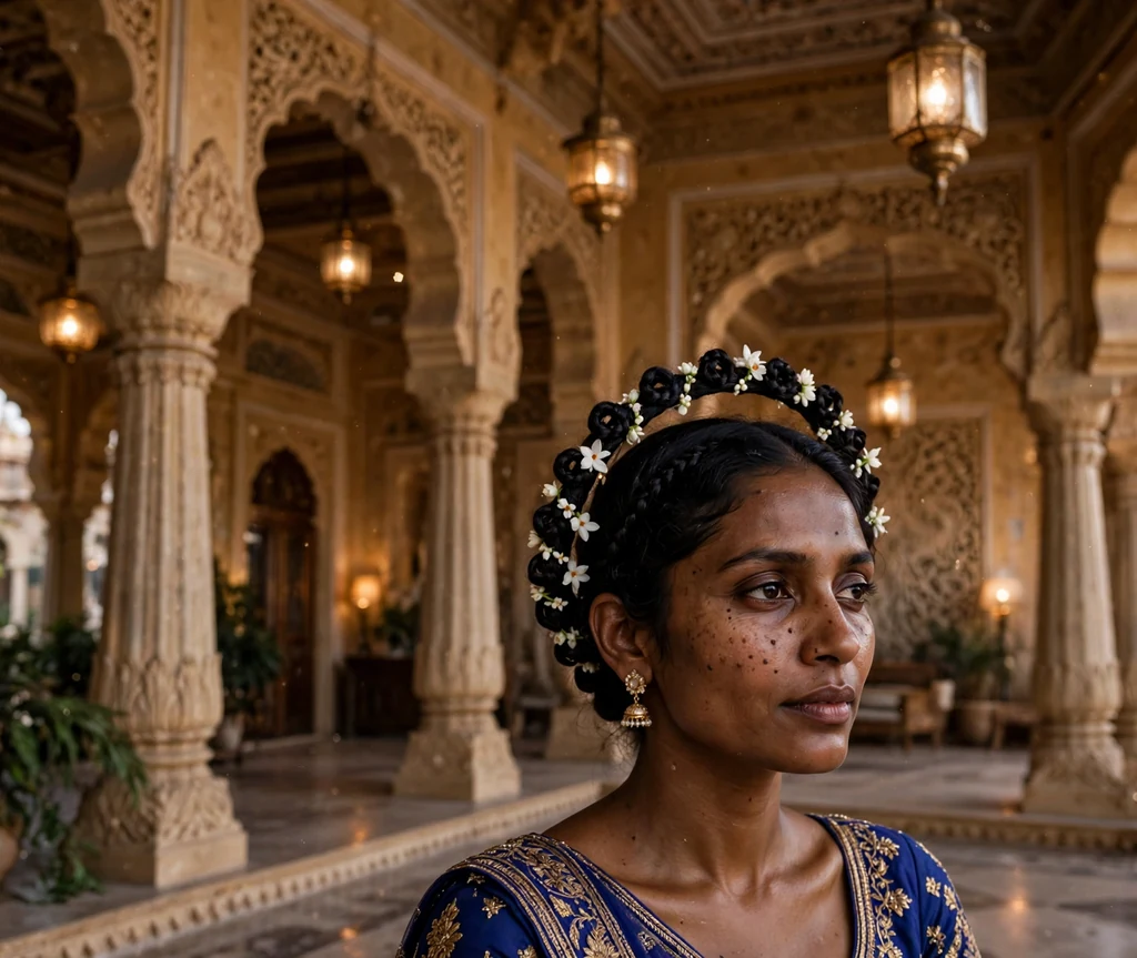 South Asian woman with black hair in a braided coil pinned halo with white blossoms, royal blue lehenga in a palace hall
