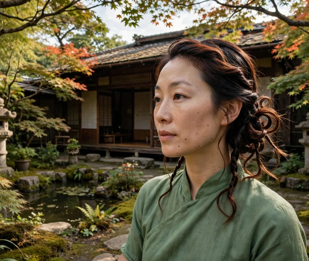 East Asian woman with auburn-tinted black hair in a medusa twist side chignon, jade green dress in a tea house garden
