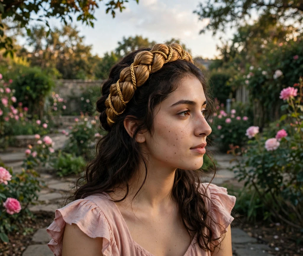 Middle Eastern woman with dark brown wavy hair in a golden coil Dutch braid crown, blush pink dress in a rose garden