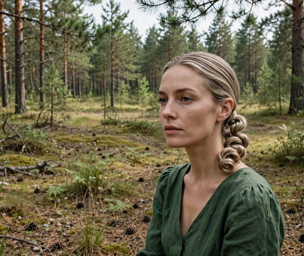 Woman with ash blonde hair in a sculpted coil low ponytail, forest green dress in a pine forest clearing