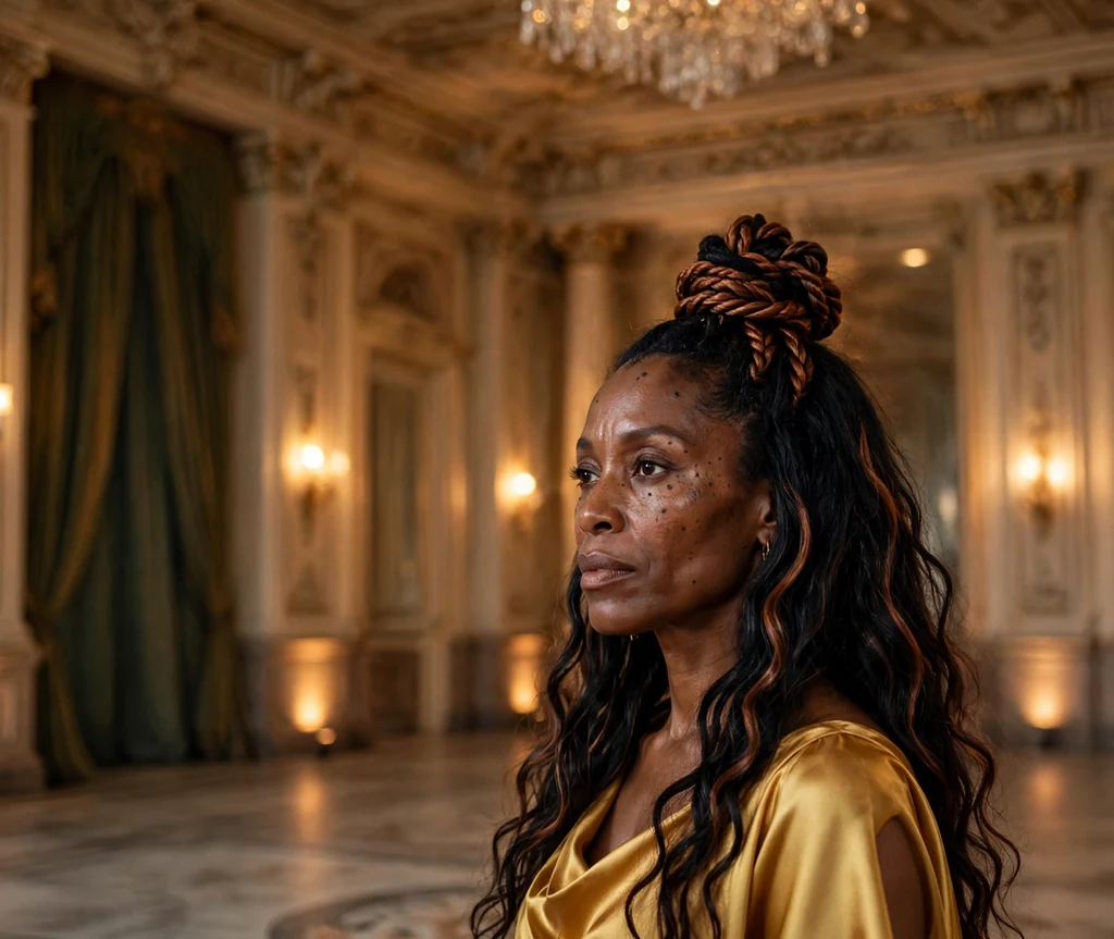 Black woman in her 40s with highlighted black hair in a twisted rope half-up top knot, gold dress in a ballroom