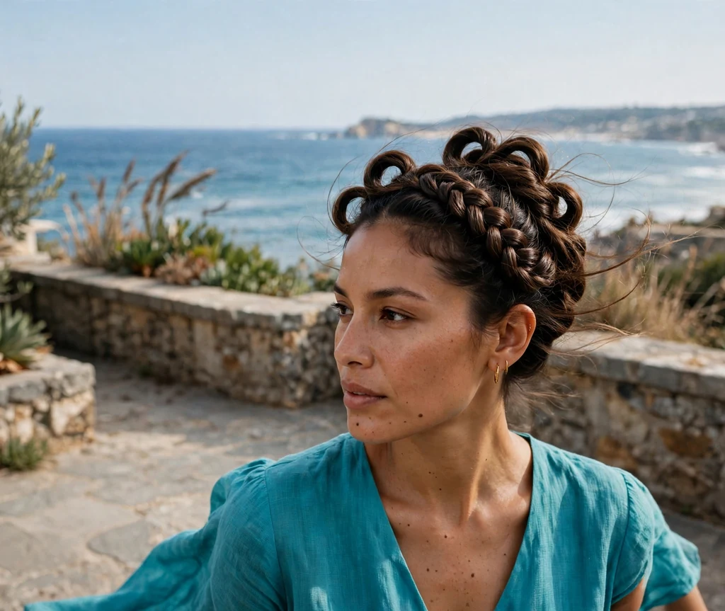 Latina woman with dark brown hair in a serpent coil French braid updo, turquoise dress on a coastal terrace