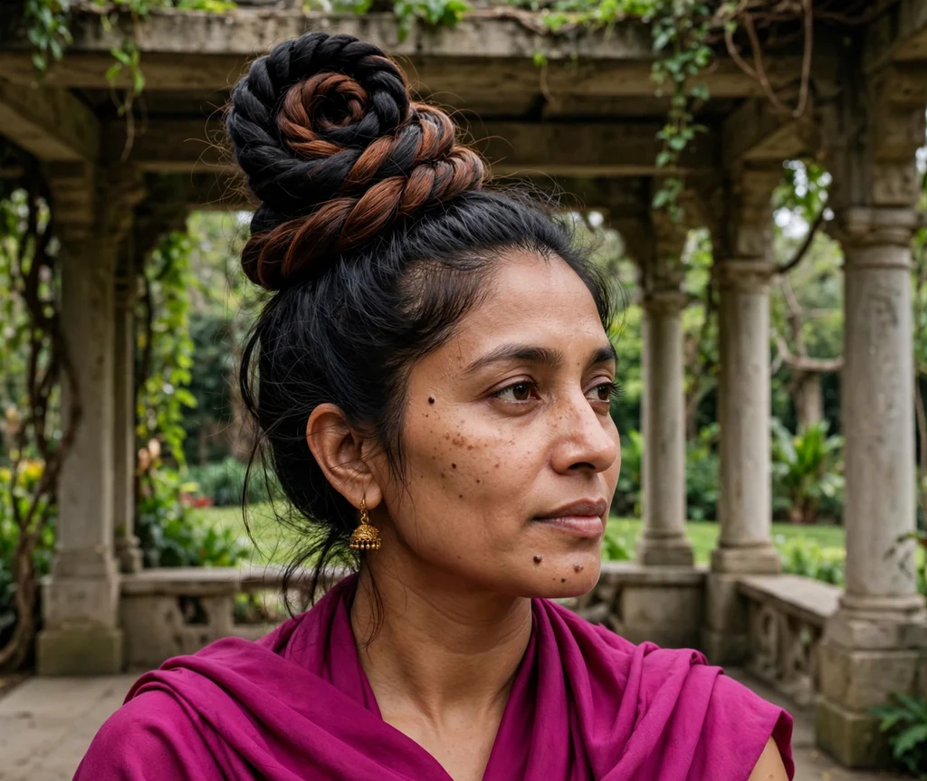 South Asian woman with mahogany-tinted black hair in a dramatic coil high chignon, magenta draped outfit in a garden pavilion