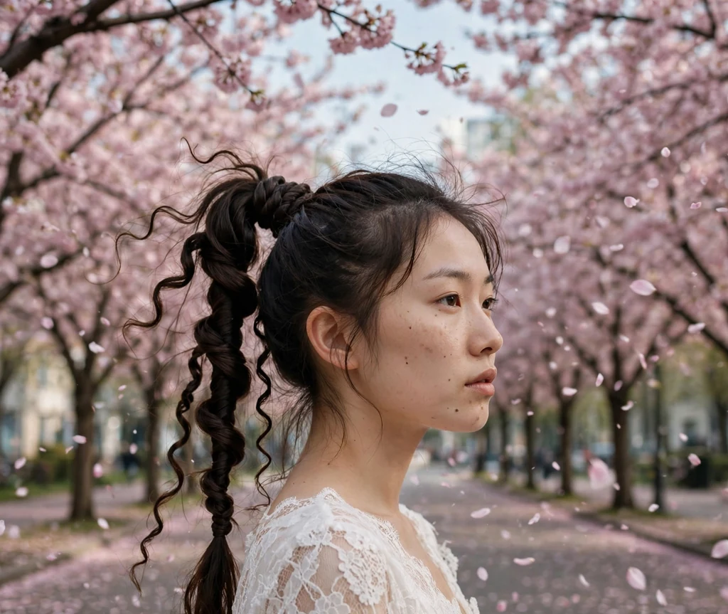 East Asian woman with long dark brown hair in a medusa braid wrapped ponytail, white lace dress on a cherry blossom avenue