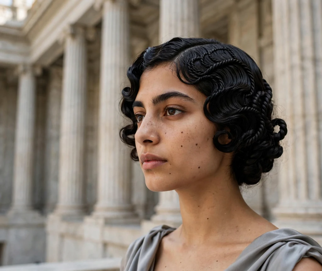 Middle Eastern woman with raven hair in coiled twist vintage waves, silver grey gown in a marble hall