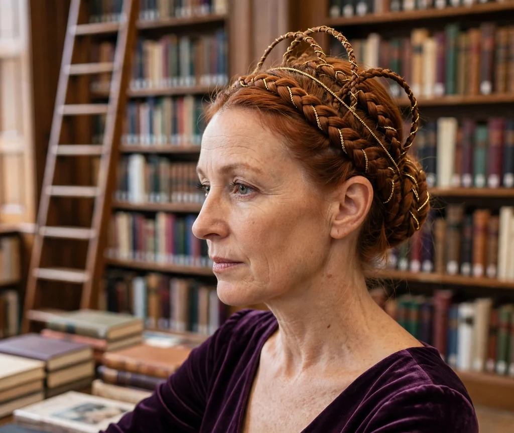 Woman with copper auburn hair in golden serpent crown braids, plum velvet dress in a wood-paneled library
