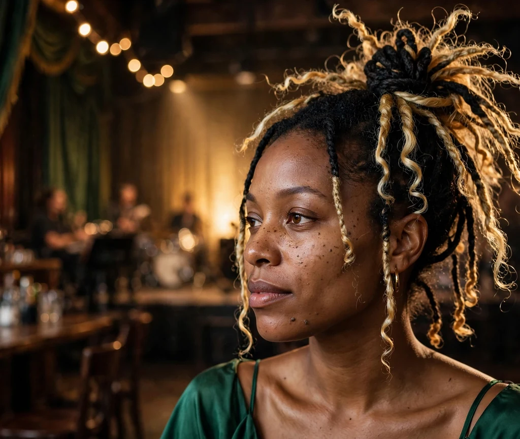 Black woman with blonde-tipped twists in a twisted coil messy top knot, emerald dress with warm stage glow