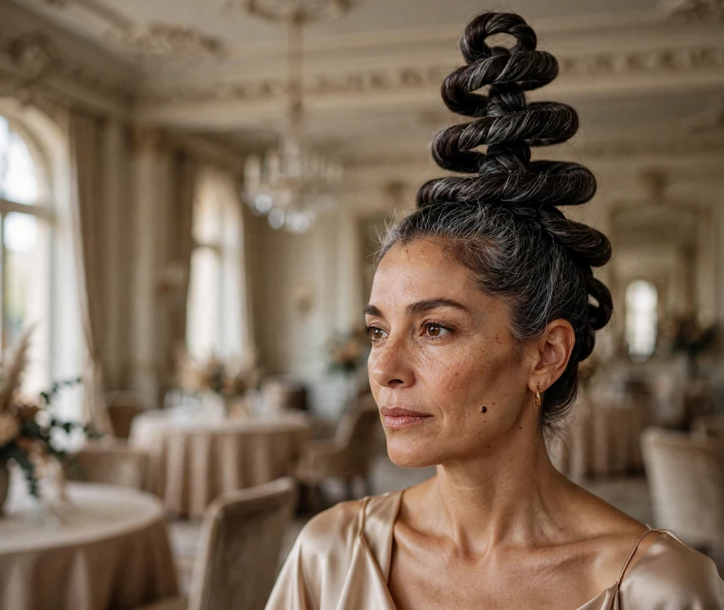 Latina woman in her 40s with silver-threaded dark chocolate hair in a sculptural snake braid bun, champagne dress in a hotel ballroom