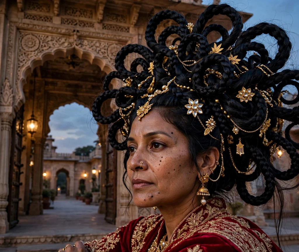 South Asian woman in her 40s with long black hair in a regal medusa coil finale updo with gold accessories, crimson gown at a palace doorway