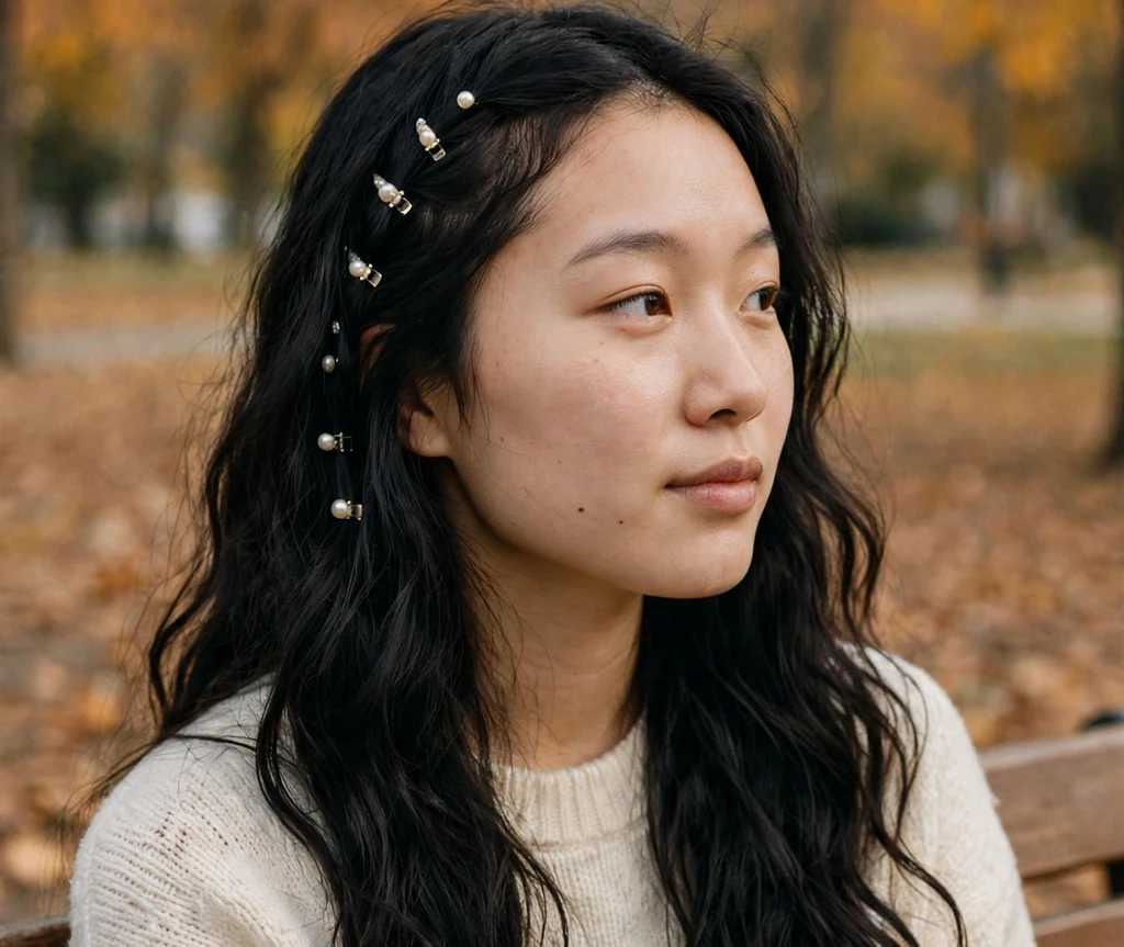 Woman with long loose black waves and pearl snap mini clips along one side, sitting on a park bench