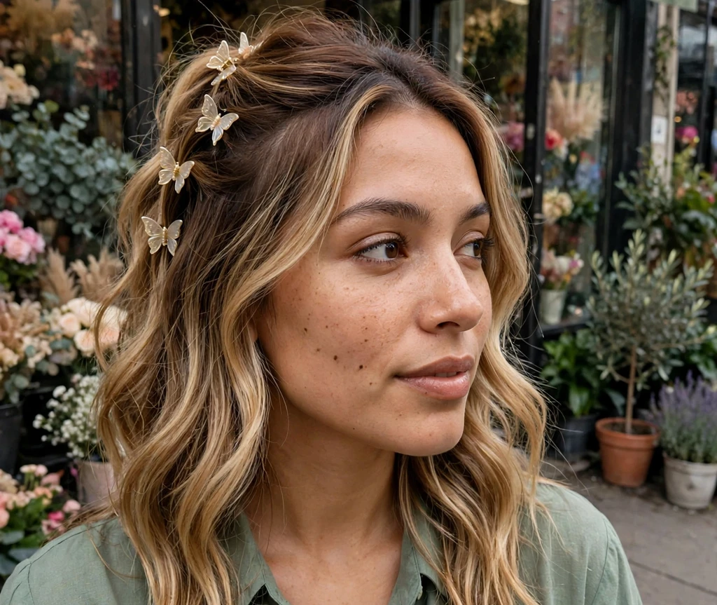 Woman with half-up honey-blonde waves held by butterfly mini claw clips in front of a flower shop