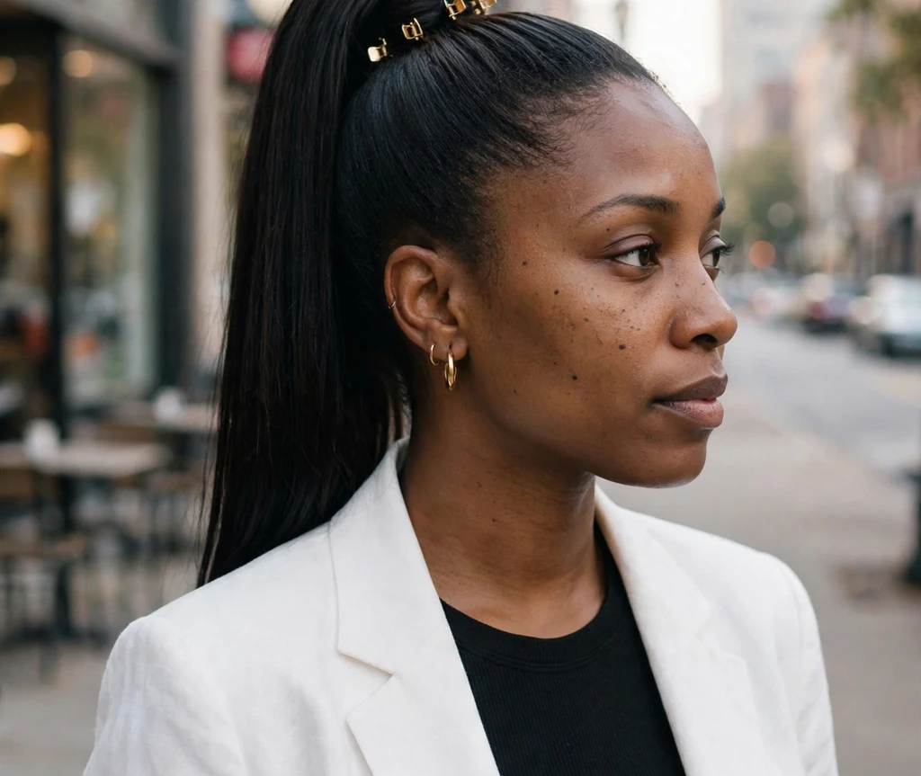 Woman with a sleek high ponytail decorated with gold mini claw clips at the base