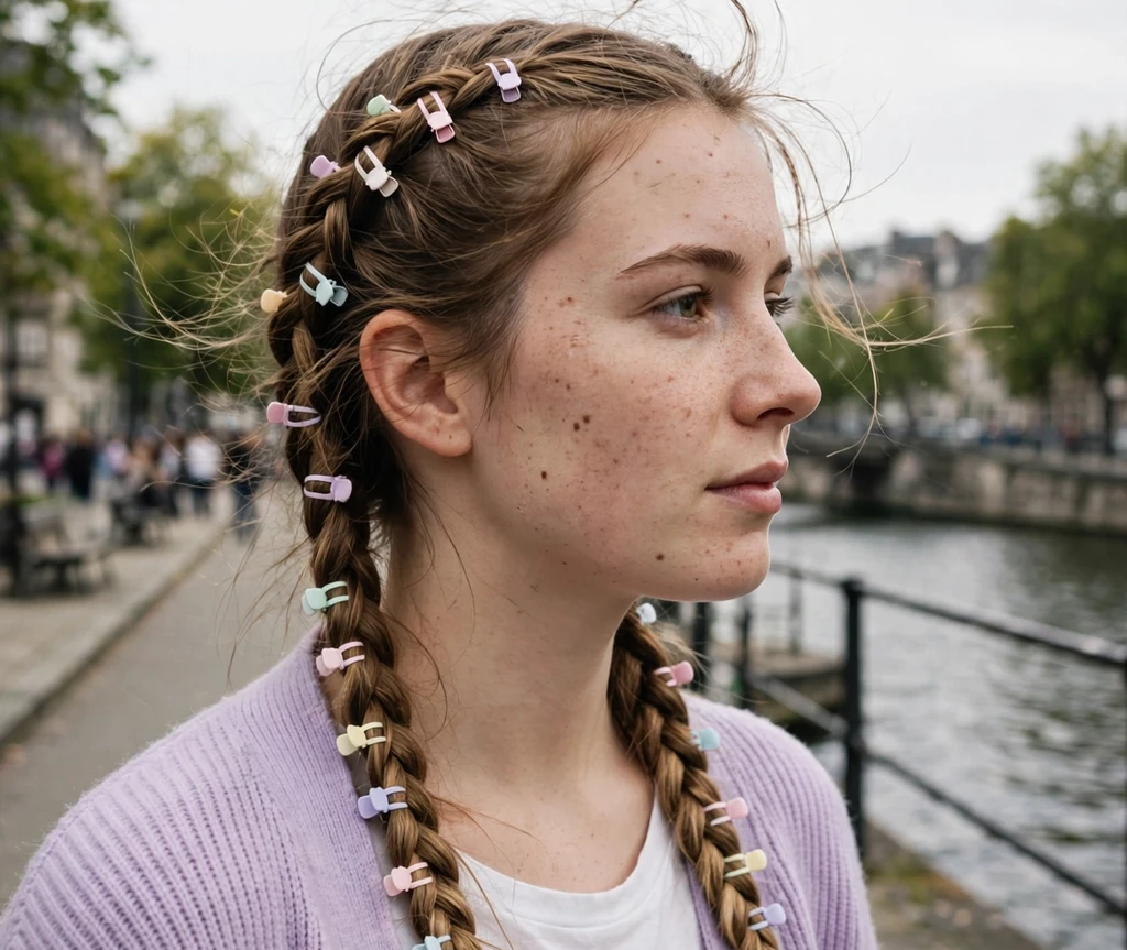 Woman with double Dutch braids decorated with pastel snap mini clips on a riverside promenade