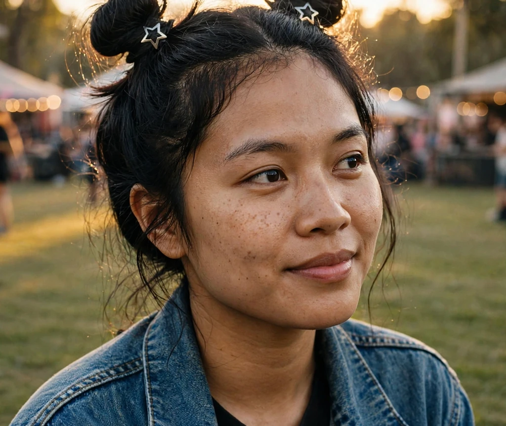 Woman with two space buns decorated with star-shaped mini hair clips at a festival