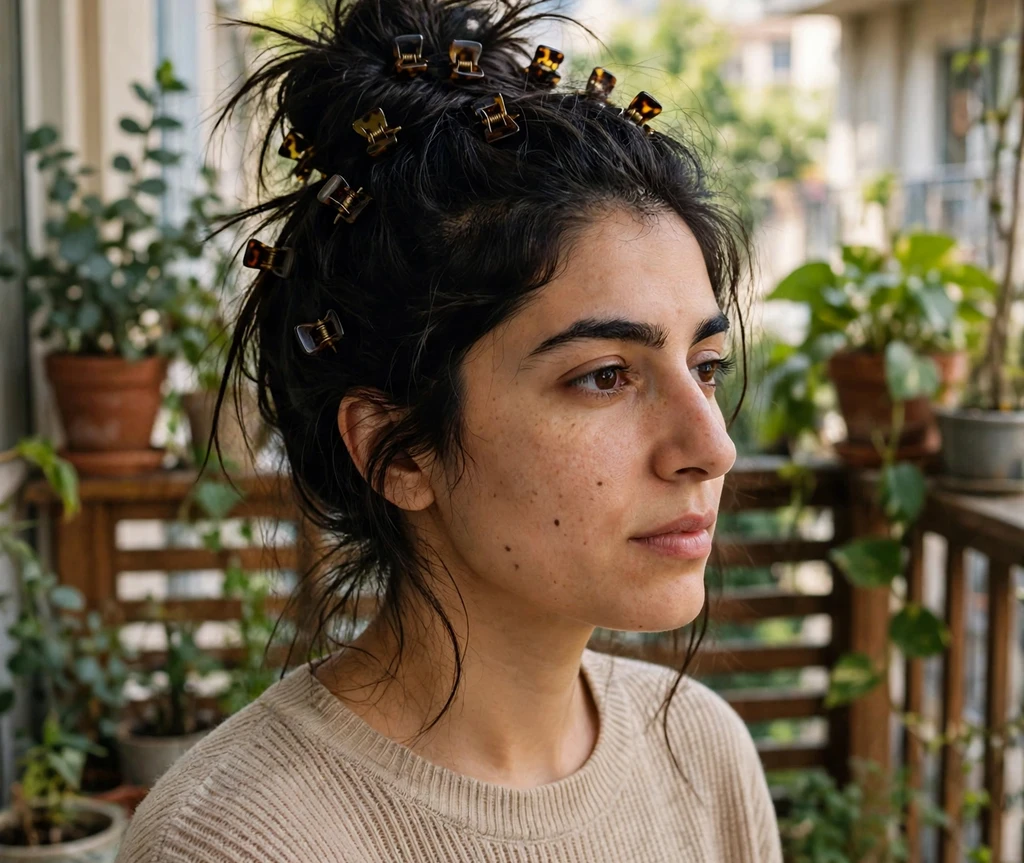 Woman with a messy top knot secured with tortoiseshell mini claw clips on a plant-filled balcony