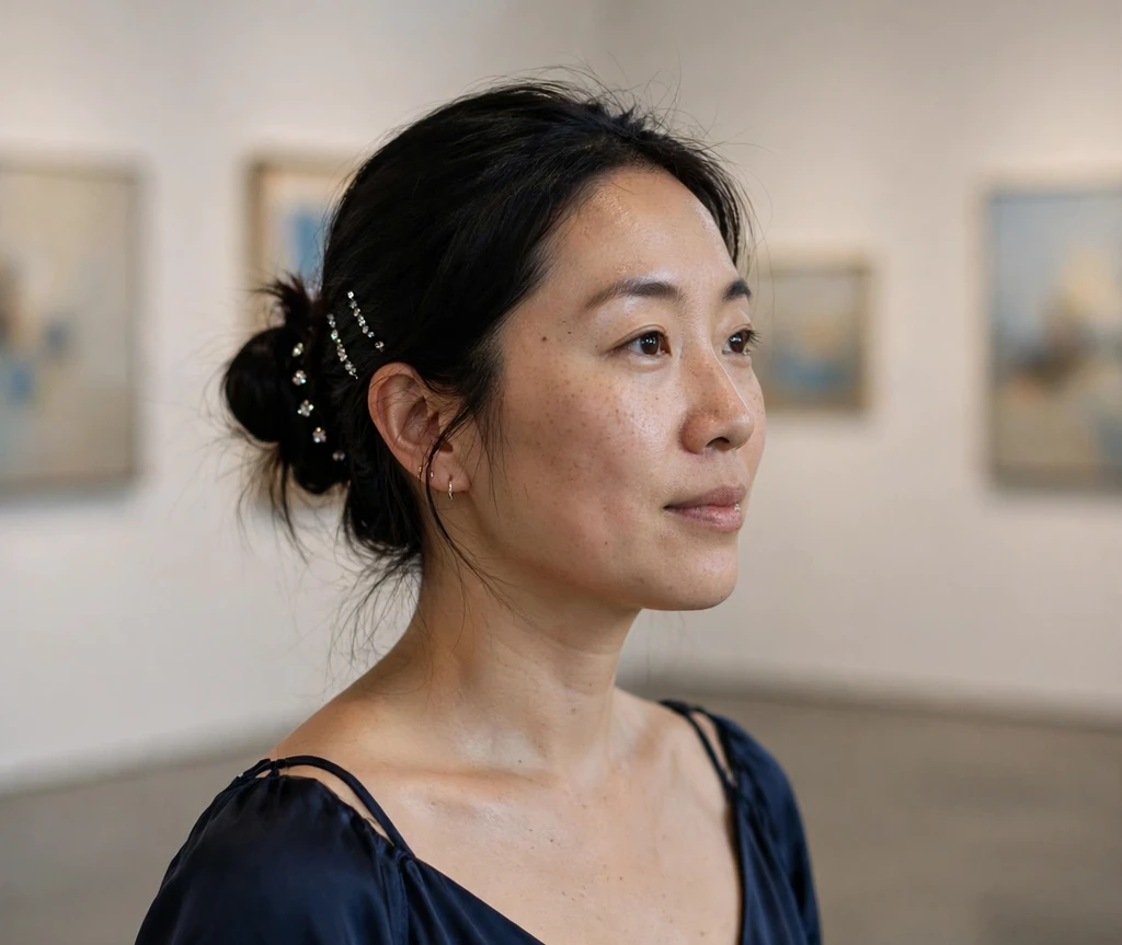 Woman with a low bun decorated with sparkling rhinestone mini clips in an art gallery