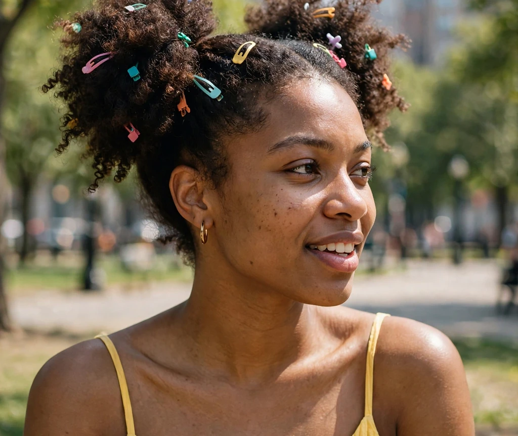 Woman with two curly puffs decorated with colorful snap mini clips in a city park