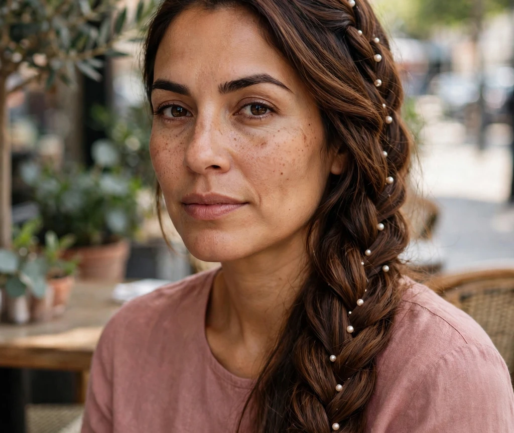 Woman with a waterfall braid woven with tiny pearl mini clips at a café patio