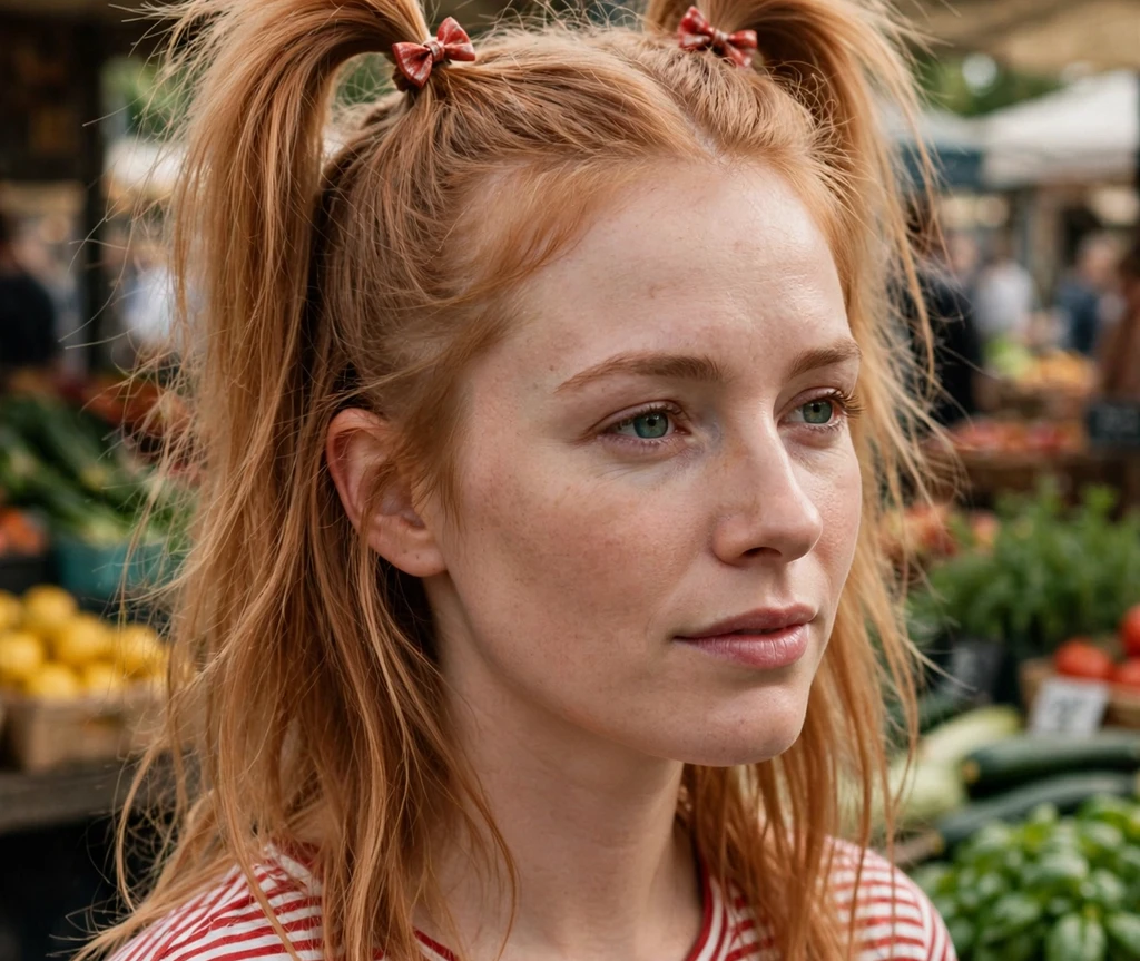 Woman with high pigtails decorated with bow mini hair clips at a farmers market