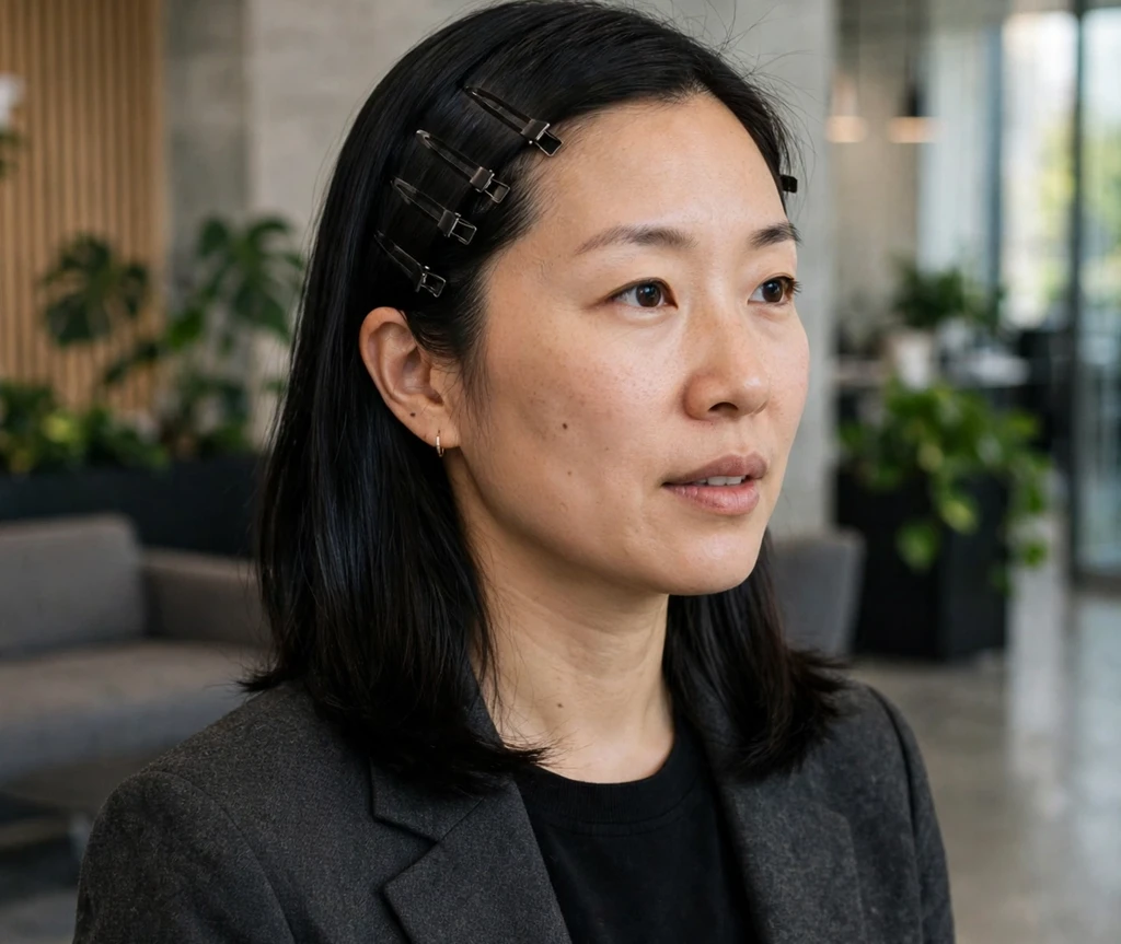 Woman with glass-straight black hair and matte black mini clips pinning one side in an office lobby