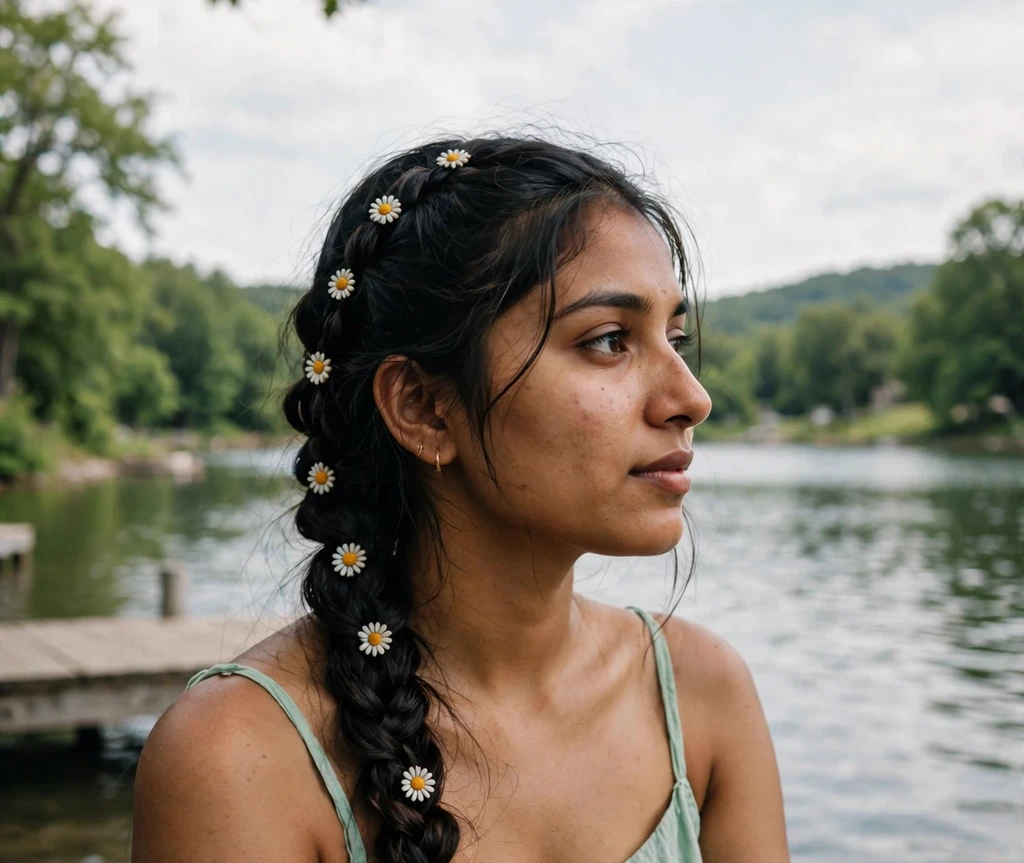 Woman with a fishtail braid decorated with daisy mini hair clips on a lakeside dock
