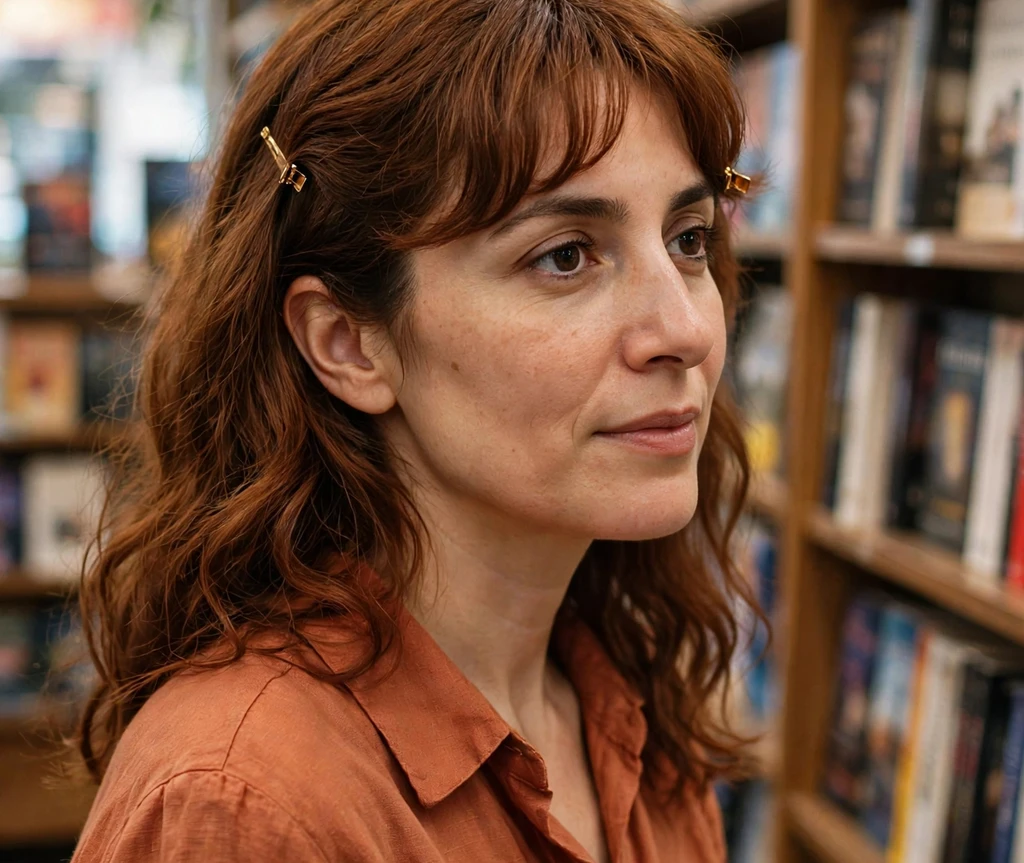 Woman with curtain bangs pinned back with gold mini hair clips in a bookstore