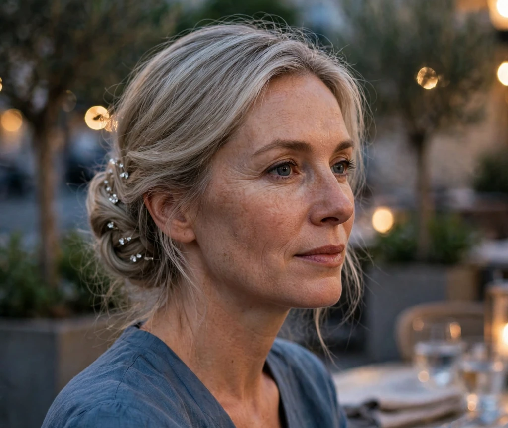 Woman with a soft low chignon accented with crystal mini clips on a restaurant terrace