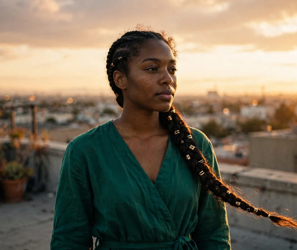 Woman with a long side-swept braid decorated with small gold mini clips on a rooftop at sunset