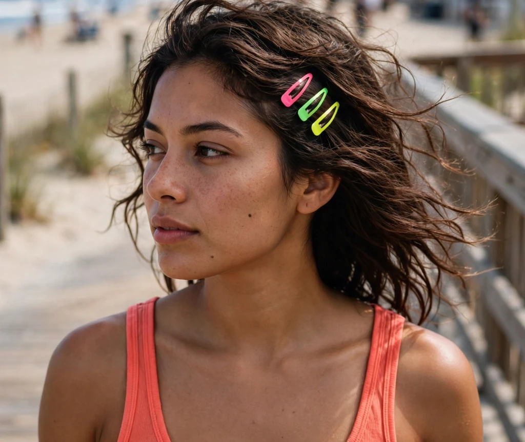 Woman with tousled beach waves and neon snap mini clips on a beach boardwalk