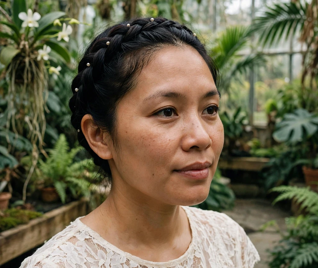 Woman with a braided crown decorated with tiny pearl mini clips in a botanical greenhouse