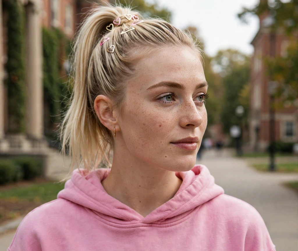 Woman with a high platinum ponytail decorated with heart-shaped mini hair clips on a campus walkway
