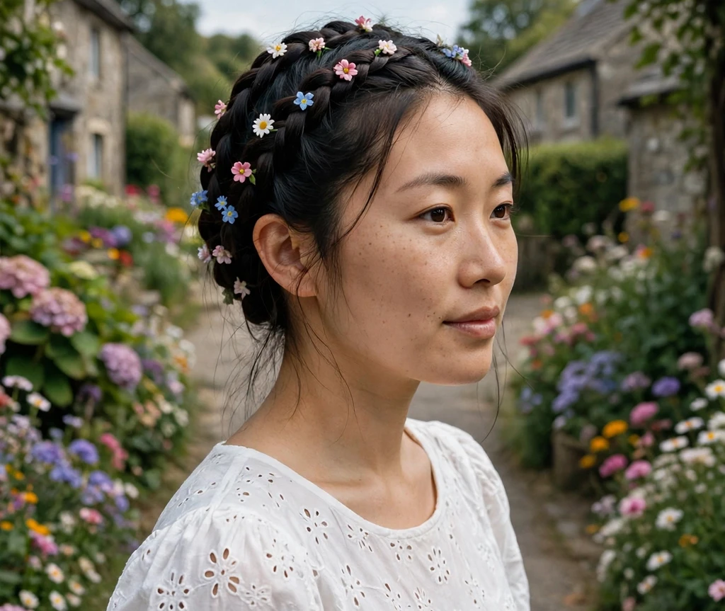 Woman with milkmaid braids woven with floral mini hair clips on a flower-lined village lane